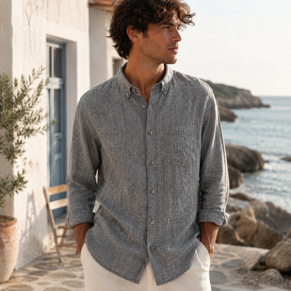 Claiborne Mens Slim Fit Linen Shirt Sz XL Gray Button Up Long Sleeve Lightweight
